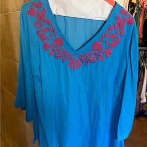 IMAN Vivid Blue Blouse with Pink Embroidery